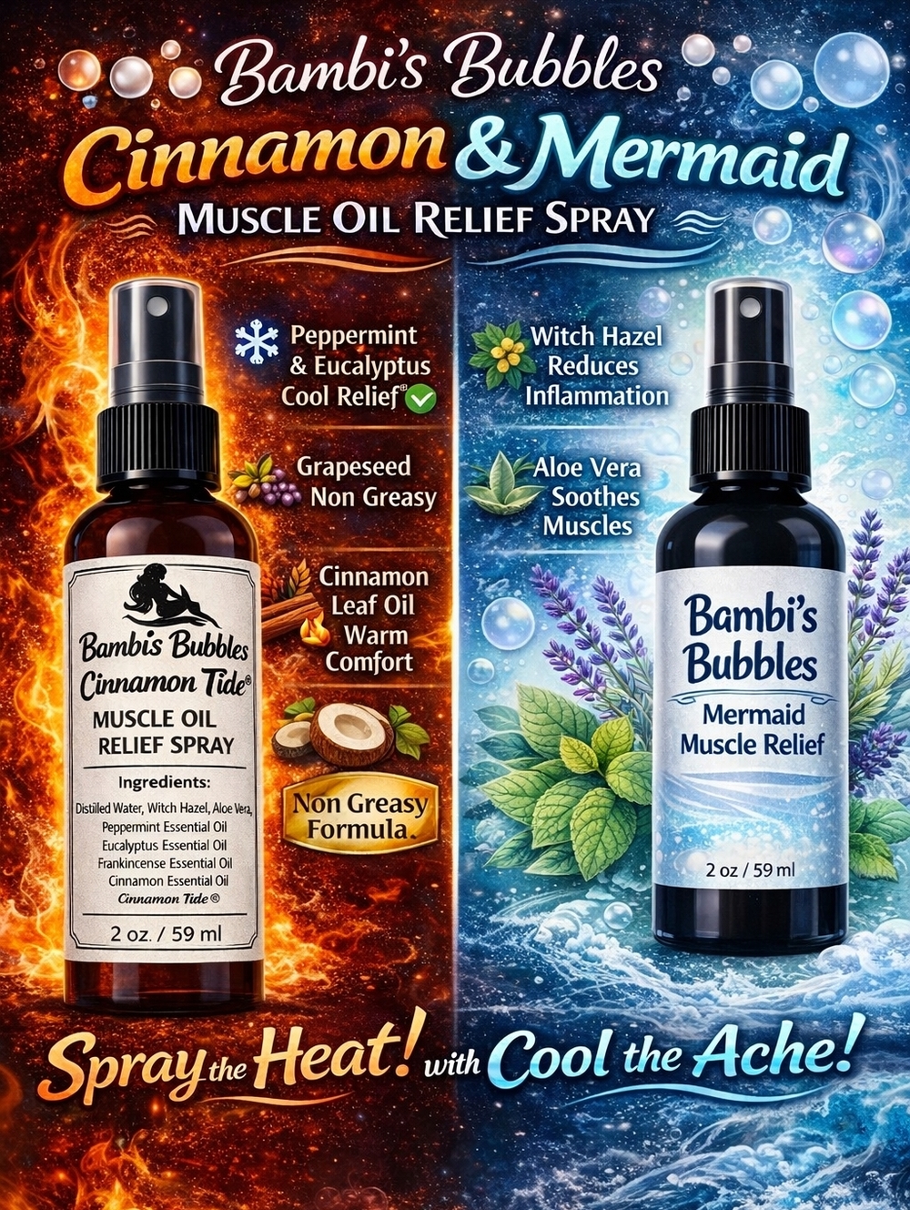 Bambi's Bubbles Mermaid Relief Sore Muscles Spray Application 2oz